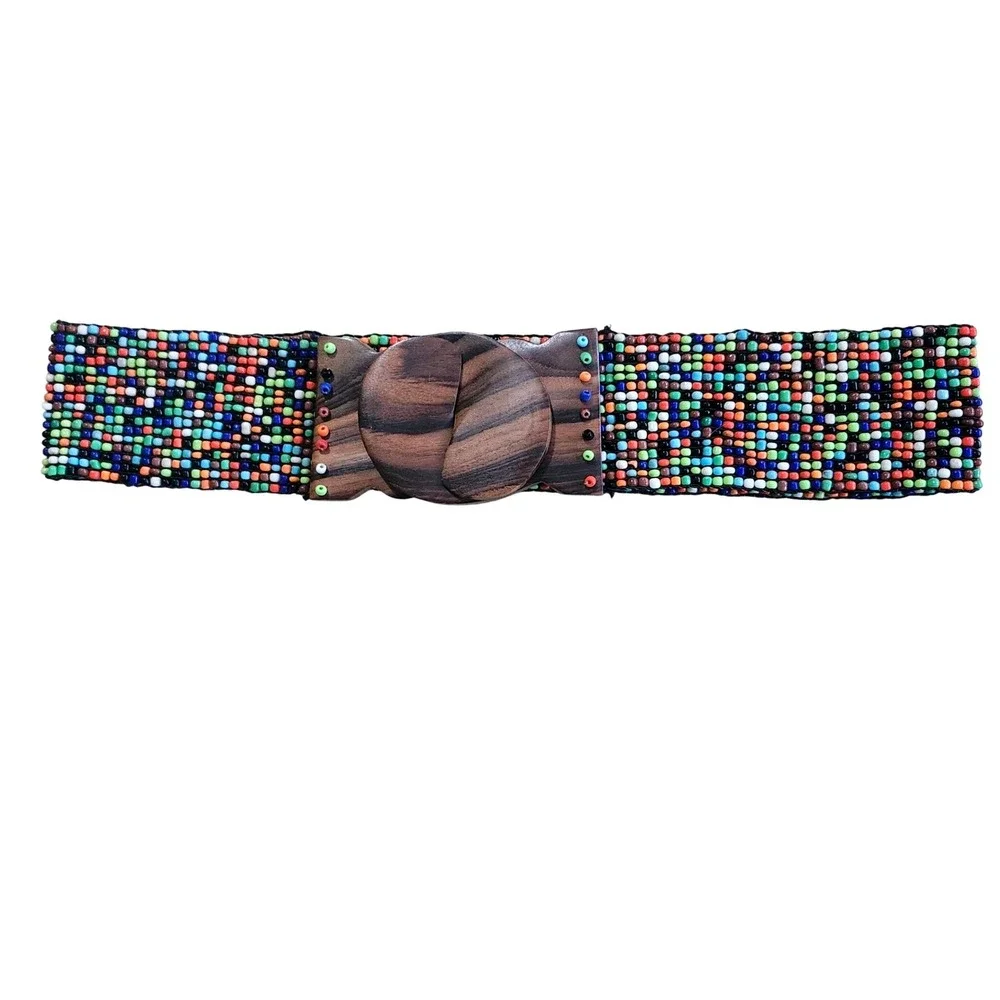 Beaded Waist Belt Womens One Size Multicolor Wood Buckle Boho 2010s Wide Stretch